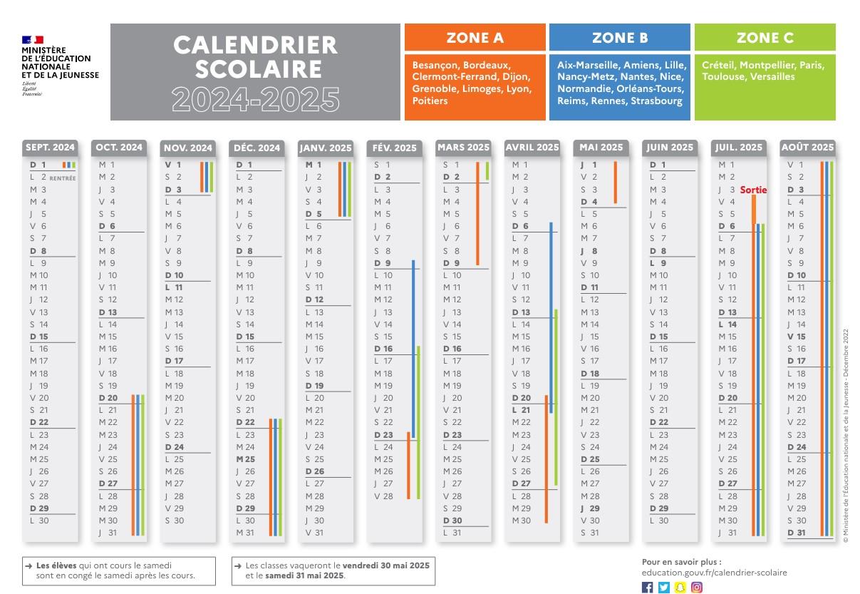Calendrier scolaire 2024 2025 Fénelon Guy