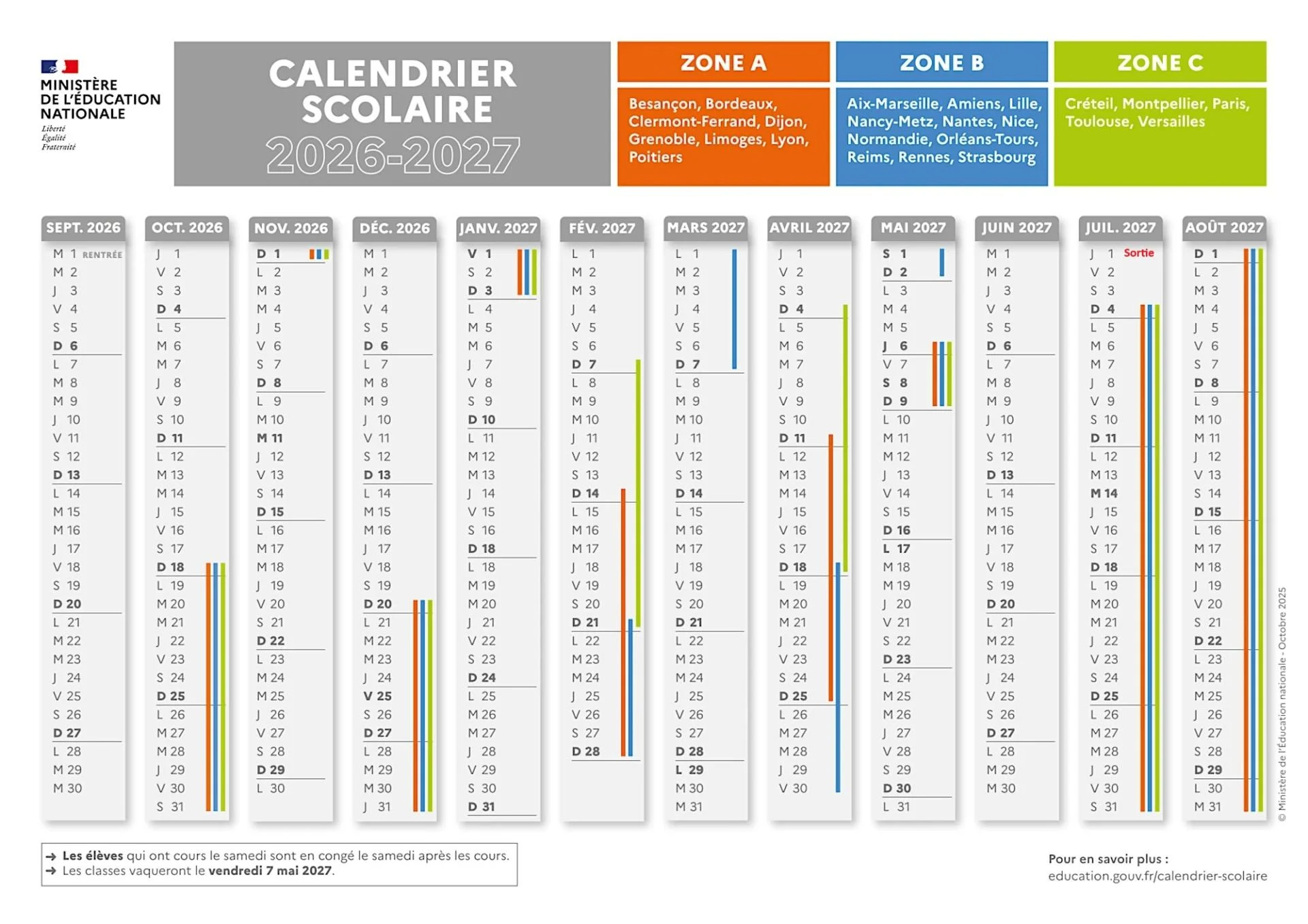 Calendrier scolaire 2026-2027 Fénelon-Guy